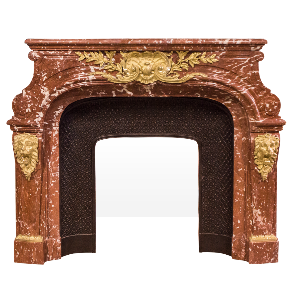 Maison & Maison, marble designer presents his custom-made Louis XIV style fireplace mantel, Grand Siècle, made out of marble, with lions heads in gilded bronze